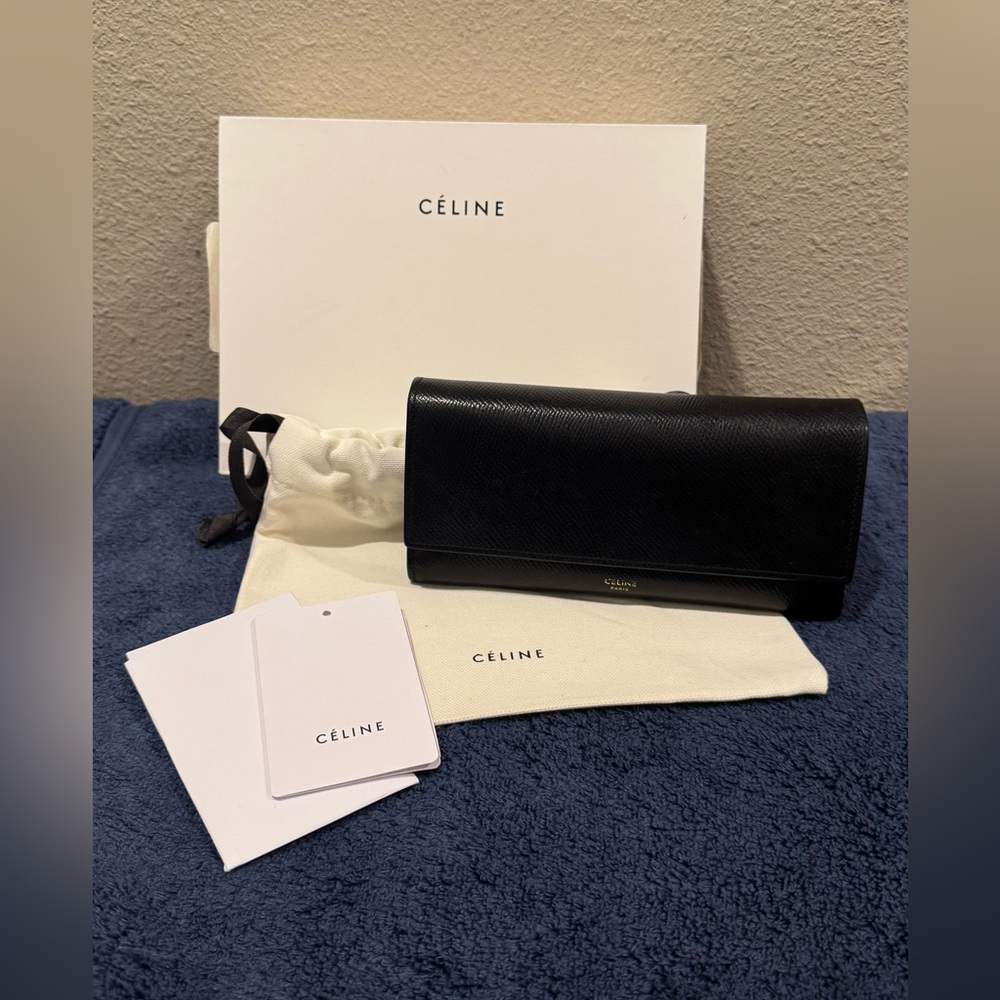 Celine Large Flap Wallet in Black Grained Calfskin Leather with Gold Hardware